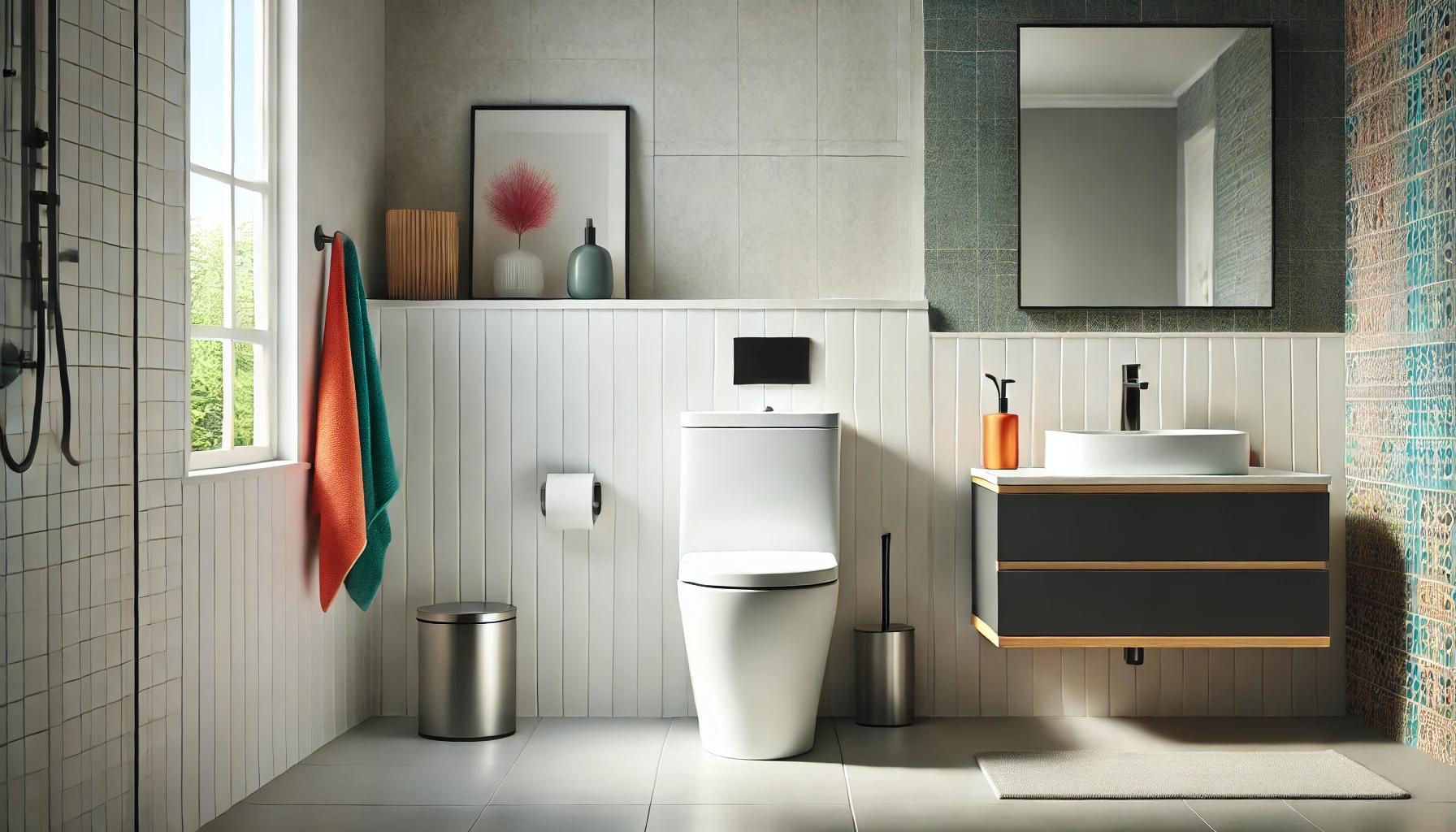 DALL·E 2024-07-29 15.22.25 - A modern toilet with a sleek, minimalist design placed in a contemporary bathroom. The bathroom has clean, white tiles on the walls and floor, with co