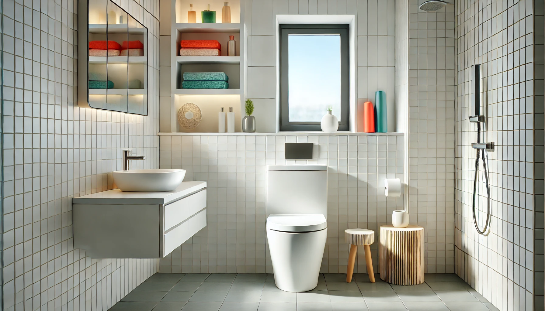 DALL·E 2024-07-29 15.27.39 - A modern toilet with a sleek, minimalist design placed in a contemporary bathroom. The bathroom has clean, white tiles on the walls and floor.