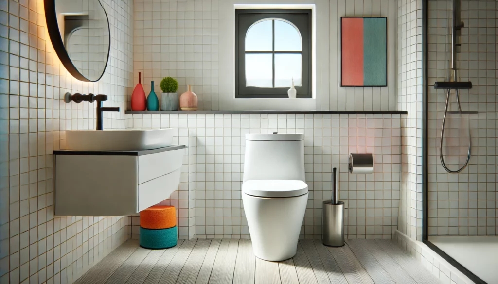  - A modern toilet with a sleek, minimalist design placed in a contemporary bathroom. The bathroom has clean, white tiles on the walls and floor, with co